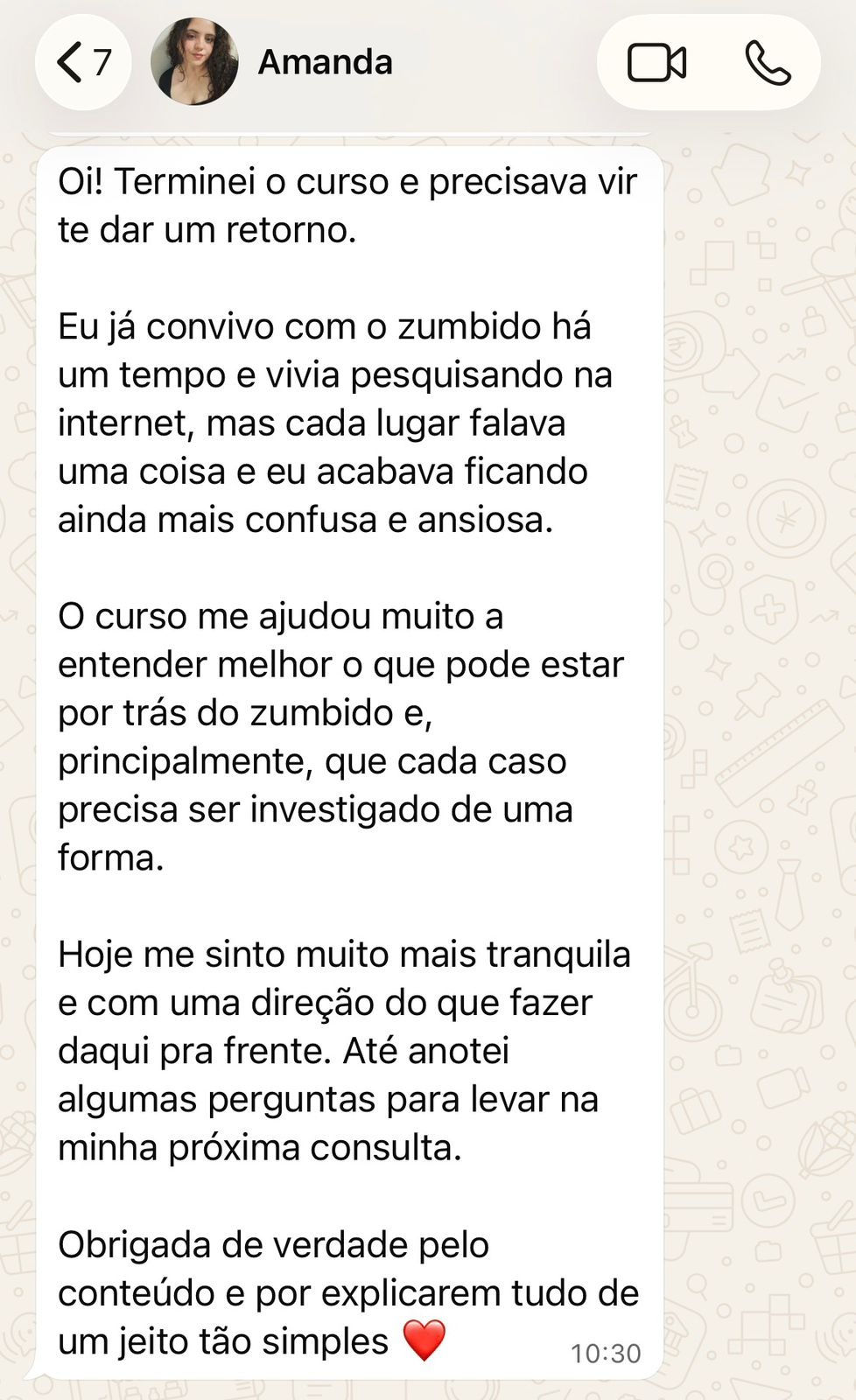 Depoimento de Amanda por WhatsApp sobre o curso