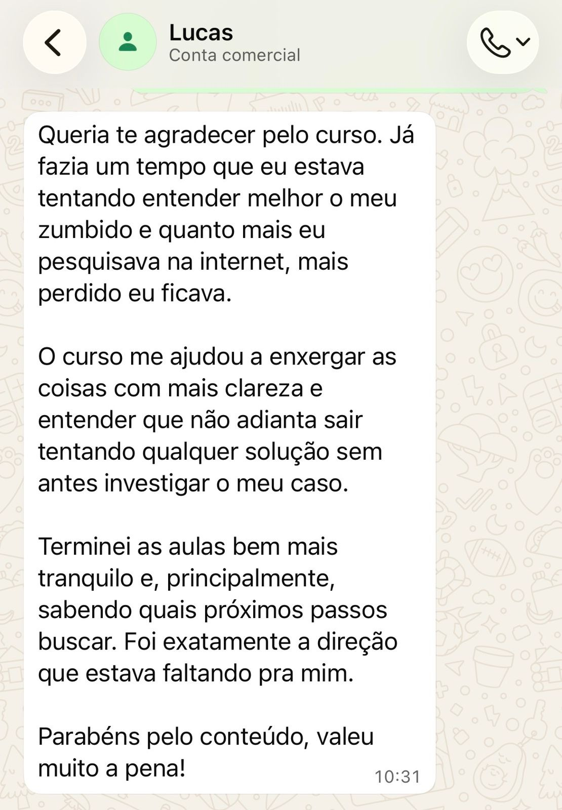 Depoimento de Lucas por WhatsApp sobre o curso
